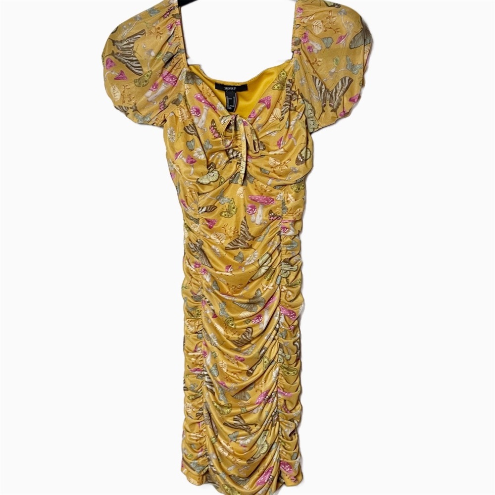 Forever 21 Yellow Butterfly Print Ruched Mini Dress size medium boho fairy - Picture 4 of 7